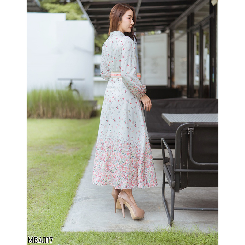 kudapy เดรสยาวสีขาว/ชมพู แขนยาวกระดุมหน้าใส่สบายสวยดูดี