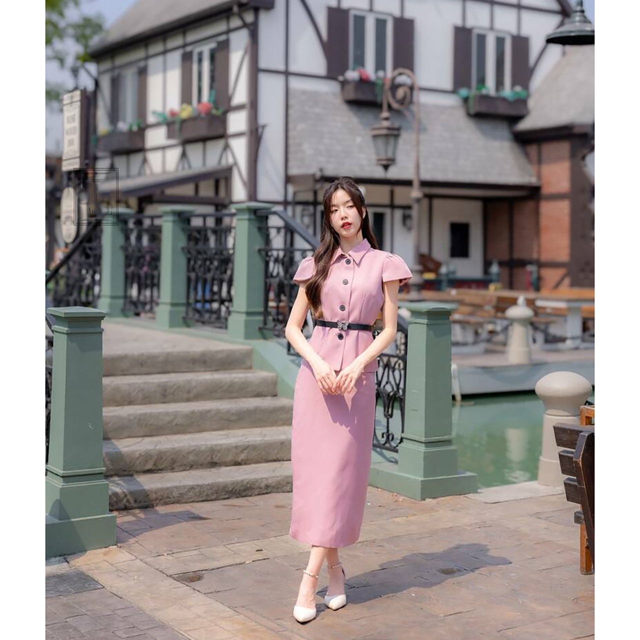 kudapy ชุดเซ็ทออกงาน+เข็มขัด แขนสั้นคอปก ใส่ออกงานสวยดูดี