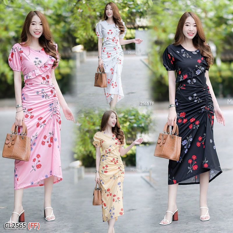 kudapy เดรสยาวแขนสั้น อกแต่งระบายเฉียง สีชมพู,ขาว,เหลือง ,ดำ ดีเทลกระโปรงด้านหน้า แต่งรูดดึงเชือกย่น