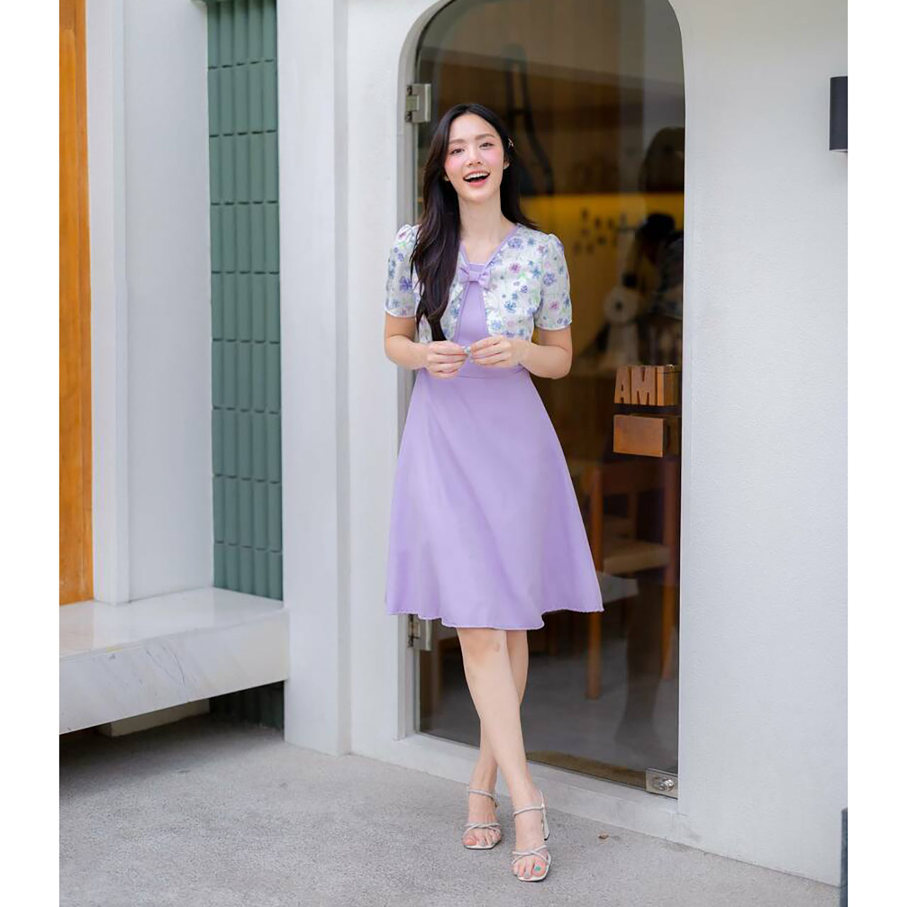 kudapy เดรสสั้นสีชมพู/สีม่วง/สีฟ้า กระโปรงบานกั๊กลายดอก