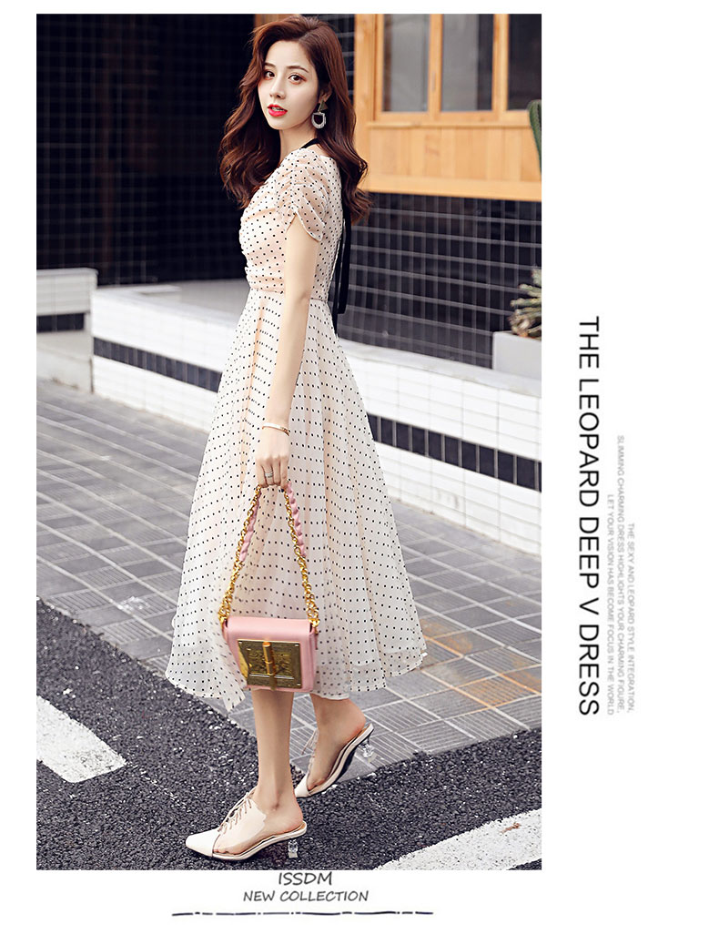 ชุดเดรสยาวคลุมเข่าสีครีม ผ้าชีฟองเนื้อดี พิมพ์ลายจุดสีดำเล็กๆๆ XL