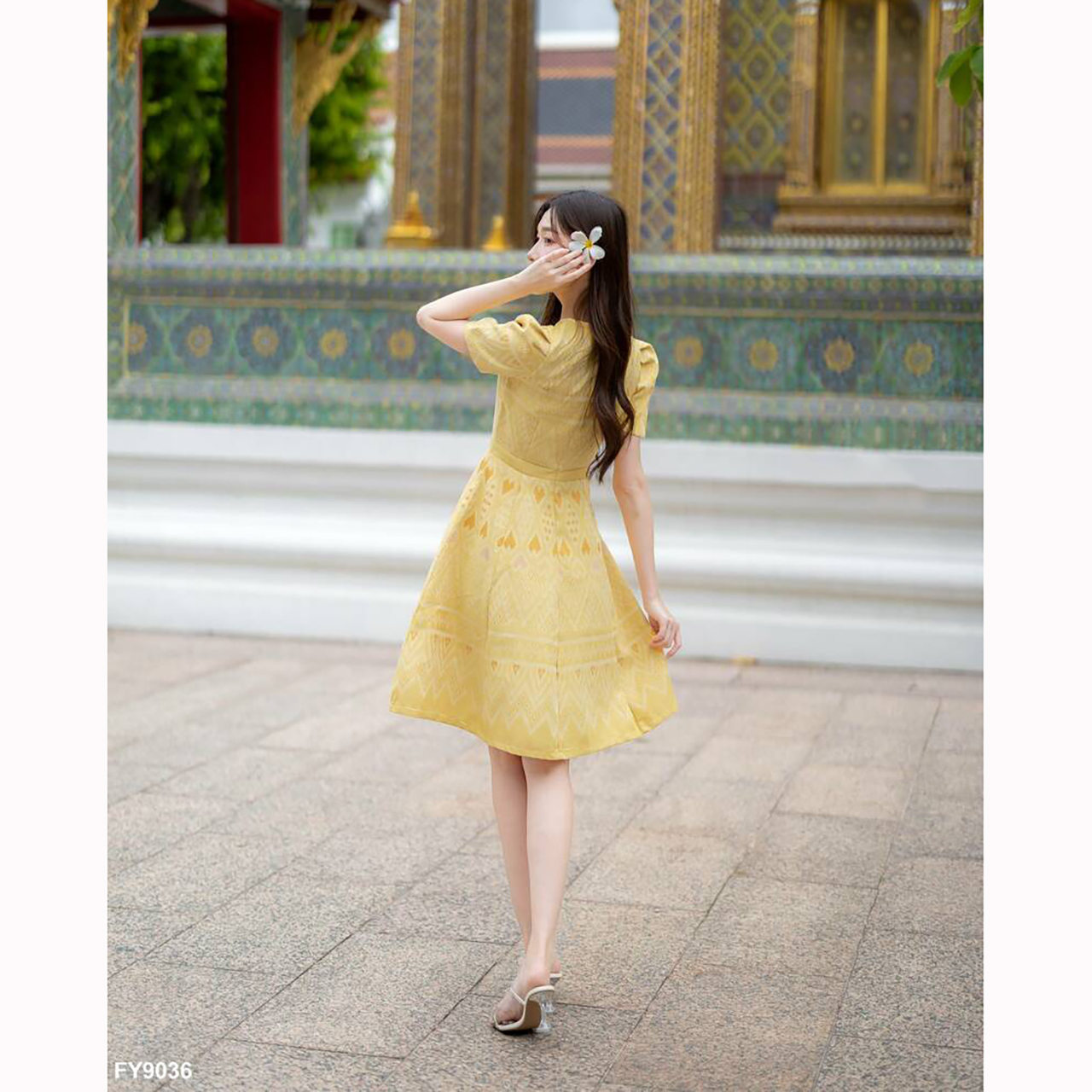 kudapy เดรสสั้นสีเหลือง/สีม่วง ผ้าไทยคอหยดน้ำกระโปรงบาน