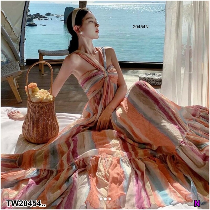 kudapy แมกซี่เดรสลายสลับสี ซิปหลัง + ยางยืด เนื้อผ้า คอตตอน แบบน่ารักทันสมัย งานใส่สบาย