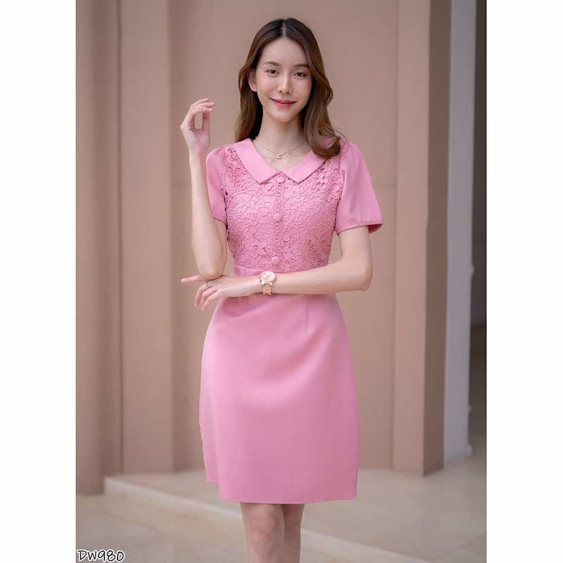 kudapy เดรสสั้นสีชมพู/สีฟ้า ผ้าทออกลูกไม้ ใส่ออกงานสวยดูดี น่ารัก