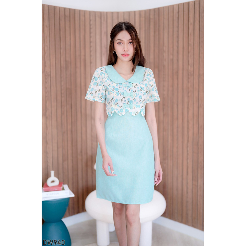 kudapy เดรสสั้นสีเขียว/สีแดง/สีฟ้า ผ้าทอแต่งโบว์ สวยใส่ออกงานดูดีน่ารักมากๆ
