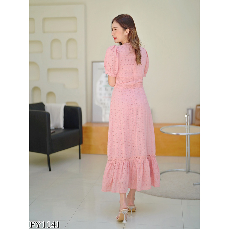 kudapy เดรสยาวสีขาว/สีชมพู เดรสออกงานผ้าฉลุแขนตุ๊กตา ใส่สบายสวยดูดีมากๆ