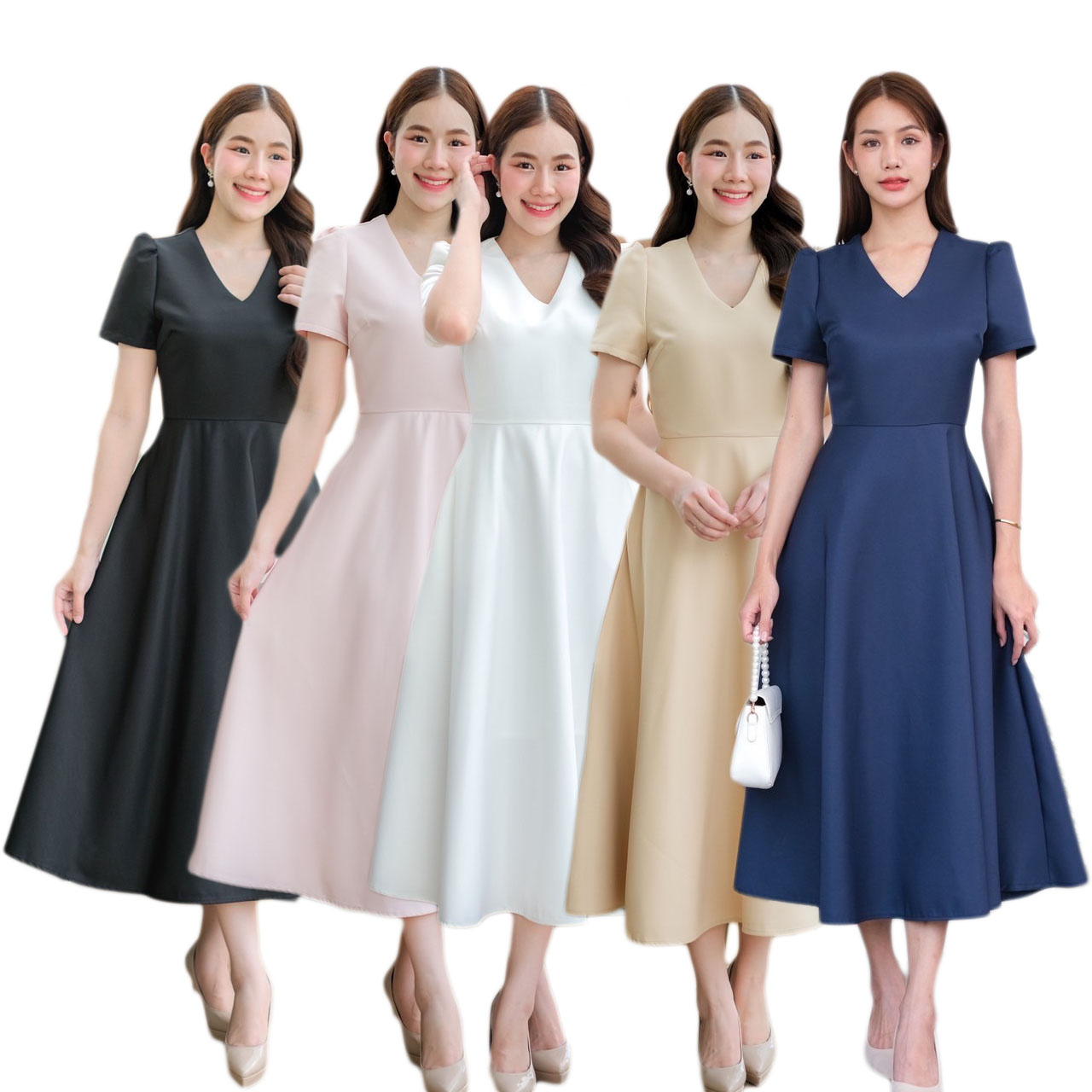 kudapy เดรสสั้นสีขาว ดำ ชมพูพาสเทล ทอง กรม แขนสั้น คอวี เกาหลีมากแม๊ คัตติ้งเริศแบบอลัง เข้ารูป เก็บทรง เอวสับๆ กระโปรงบาน
