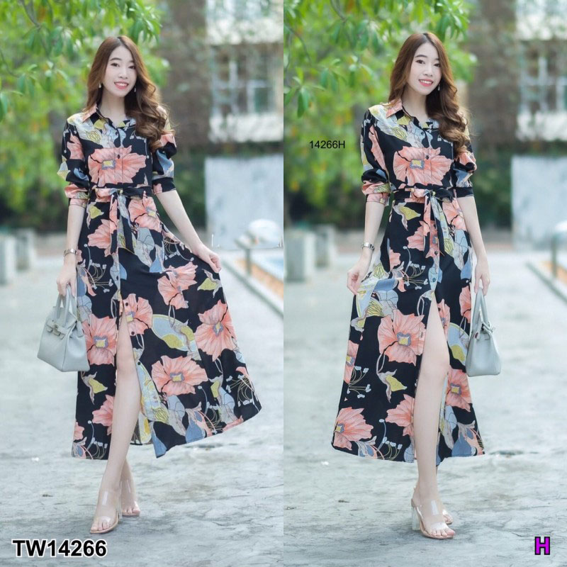 kudapy เดรสเชิ้ตยาวสีขาว/สีดำ/สีครีม แขนยาว ติดกระดุมด้านหน้า มีโบว์ผูกเอวปรับระดับได้ ผ้า100D พิมพ์ลายดอกใหญ่