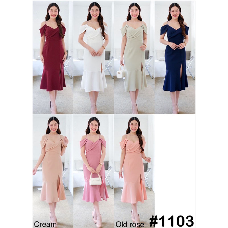 kudapy เดรสสั้นสีกรม/แดง/ขาว/ส้มโอรส/ชมพู/เขียวพิตาชิโอ้ สายเดี่ยว จับจีบอกไขว้ กระโปรงหางปลา ระบายพริ้ว ผ่าหน้าสูง