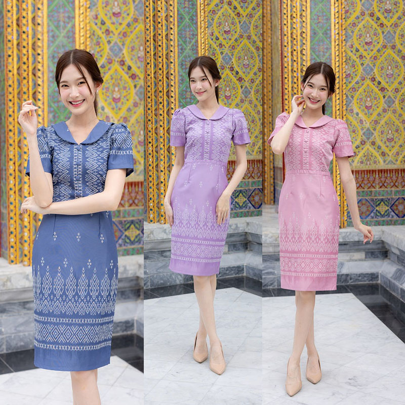 kudapy เดรสสั้นสีม่วง/สีกรม/สีชมพู ผ้าทอแต่งปกติดกระดุมหน้า