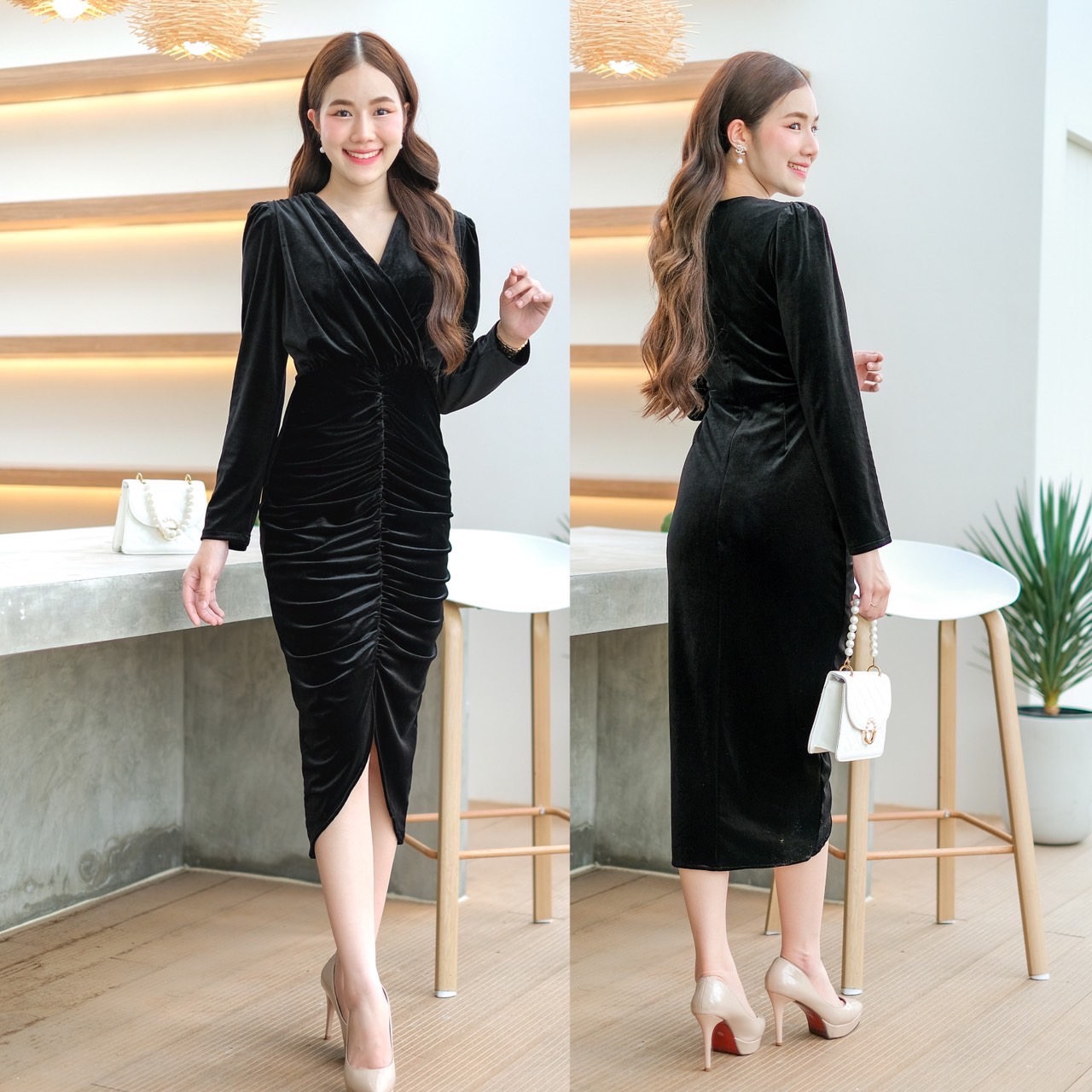 kudapy เดรสสั้นสีน้ำเงิน/สีเขียวมรกต/สีแดง/สีดำ กำมะหยี่ คอวี จับจีบไหล่ตั้ง กระโปรงเอวสูงทรงสอบทิวลิปยาว จับจีบย่นกลาง