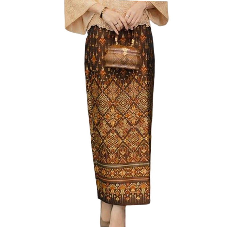 kudapy ผ้าถุงทอลายผ้าไหมอิตาลีสีน้ำตาลทอง ผ้าซิ่นตัดสำเร็จ เก็บเอวสวยตามแบบ