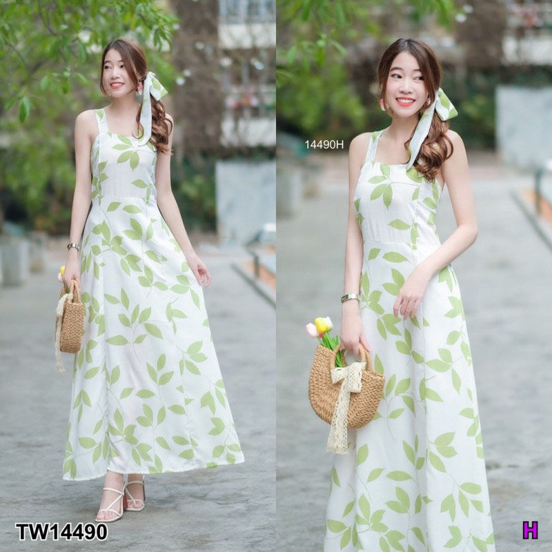 kudapy Maxi Dress เดรสสายเดี่ยวยาว สีชมพู ดำ เขียว เหลือง งานผ้าสลาฟพิมพ์ลายใบไม้ มีซิปซ่อนด้านหลัง มีซัปใน มีโบว์แยก 1 เส้น