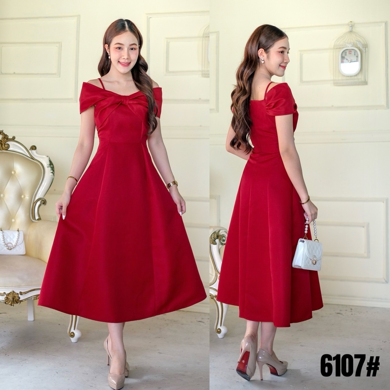 kudapy เดรสสั้นสีแดง/สีทอง/สีเทา ไหล่เดี่ยว กระโปรงทรงทิวลิป แต่งชายผ้าพริ้ว มีซับกระโปรงสั้นด้านใน