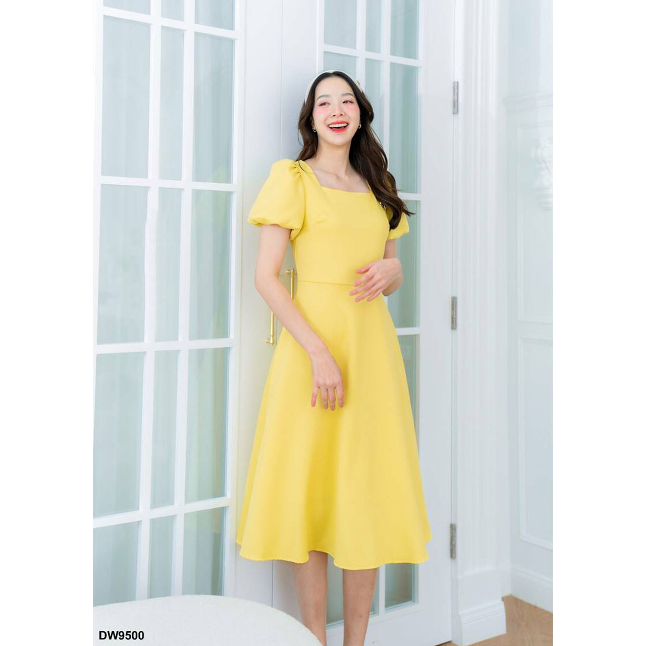 kudapy เดรสสั้นสีเหลือง/สีฟ้า/สีกรม แขนตุ๊กตากระโปรงบาน