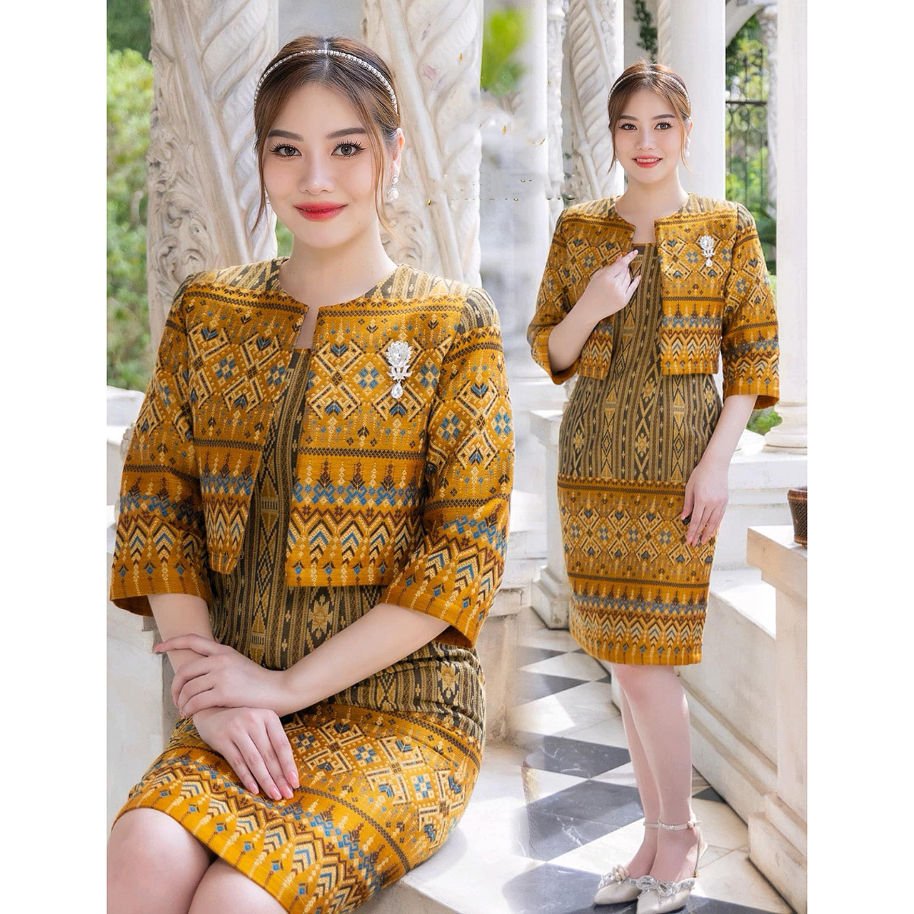 kudapy เดรสสีทอง/สีม่วง ผ้าฝ้ายลายไทลื้อมาพร้อมเสื้อคลุมโดดเด่นเรื่องลายผ้าสวยงาม