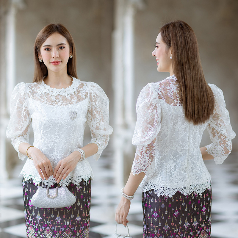 kudapy (เฉพาะเสื้อ) เสื้อลูกไม้แขนพองสีเขียว/สีขาว/สีชมพู คอกลม แขนสามส่วน ผ้าลูกไม้ใยบวบเนื้อดีลายลูกไม้แน่นทั้งตัว ตัวเสื้อมาพร้อมซับในเนื้อดีในตัว