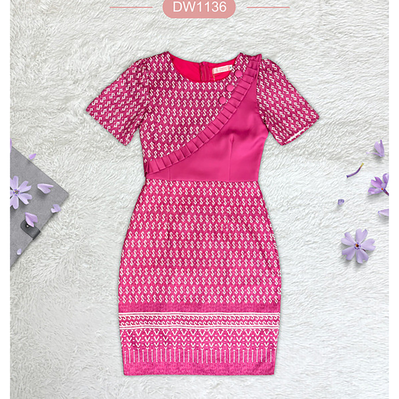 kudapy เดรสลายไทยแต่งระบายคาดอก+กระดุม 3 ชิ้น