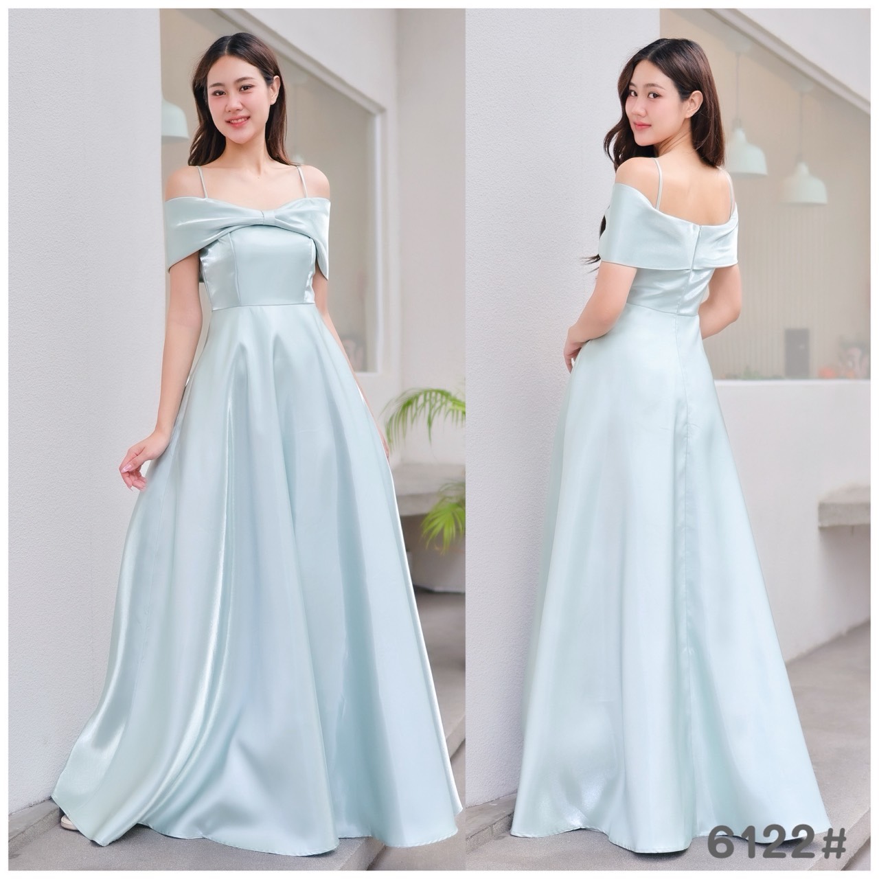 kudapy เดรสยาวเปิดบ่า กระโปรงบาน ทรงสวยเอวสูง ความยาวปิดข้อเท้า ผ้าไม่ยืด มีซับในทั้งตัว