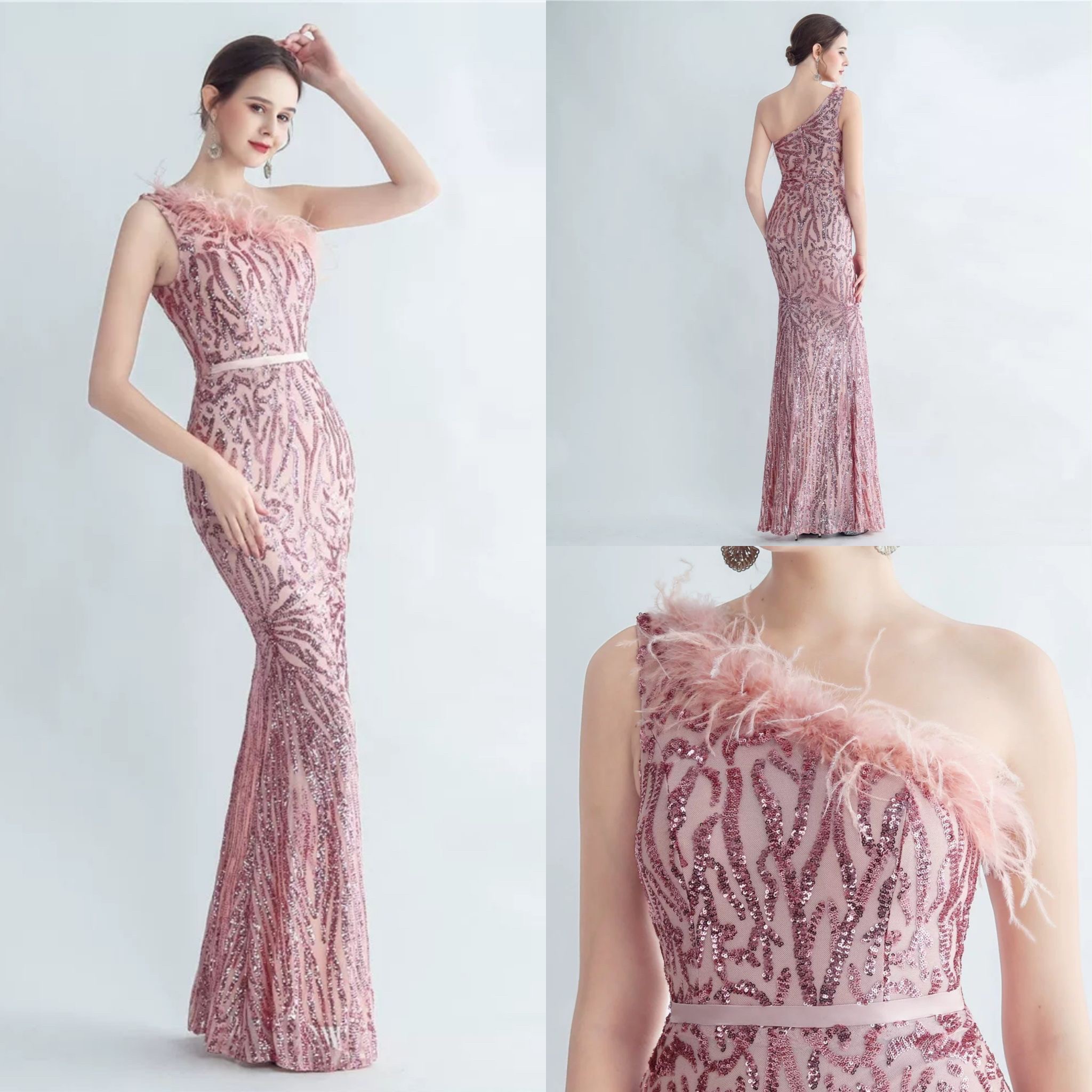 kudapy ชุดราตรียาวไหล่เดี่ยวสีชมพู,สีครีมเงิน,สีเขียวเข้ม,สีฟ้า,สีดำ เฉียงข้างผ่าหน้า ผ้ากริสเตอร์ ยืดตามตัว