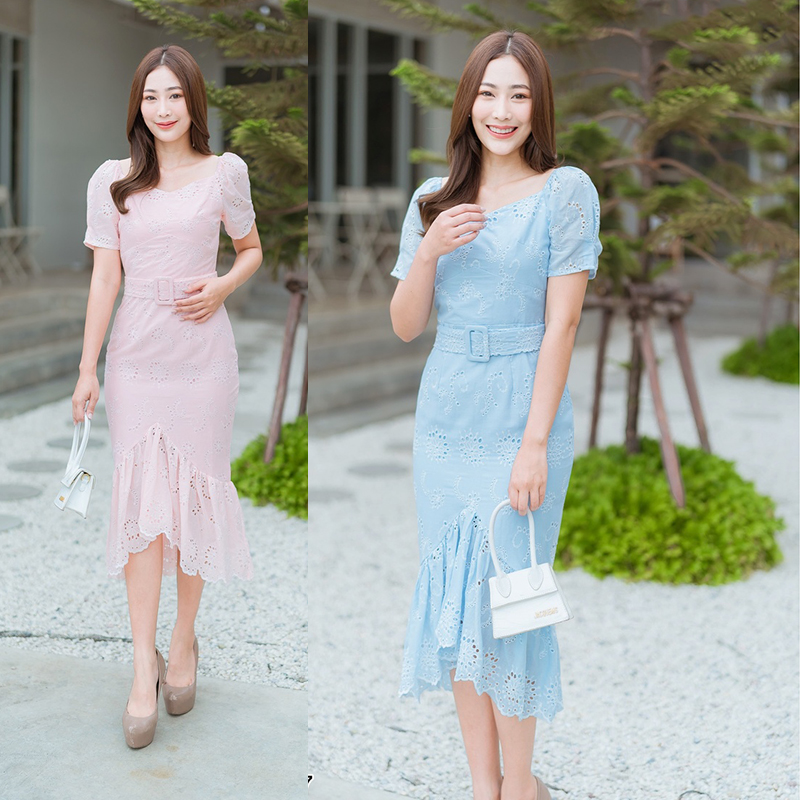 kudapy เดรสสั้นฟ้า/ชมพู คอเหลี่ยมกระโปรงชีฟองใส่สวยดูดี