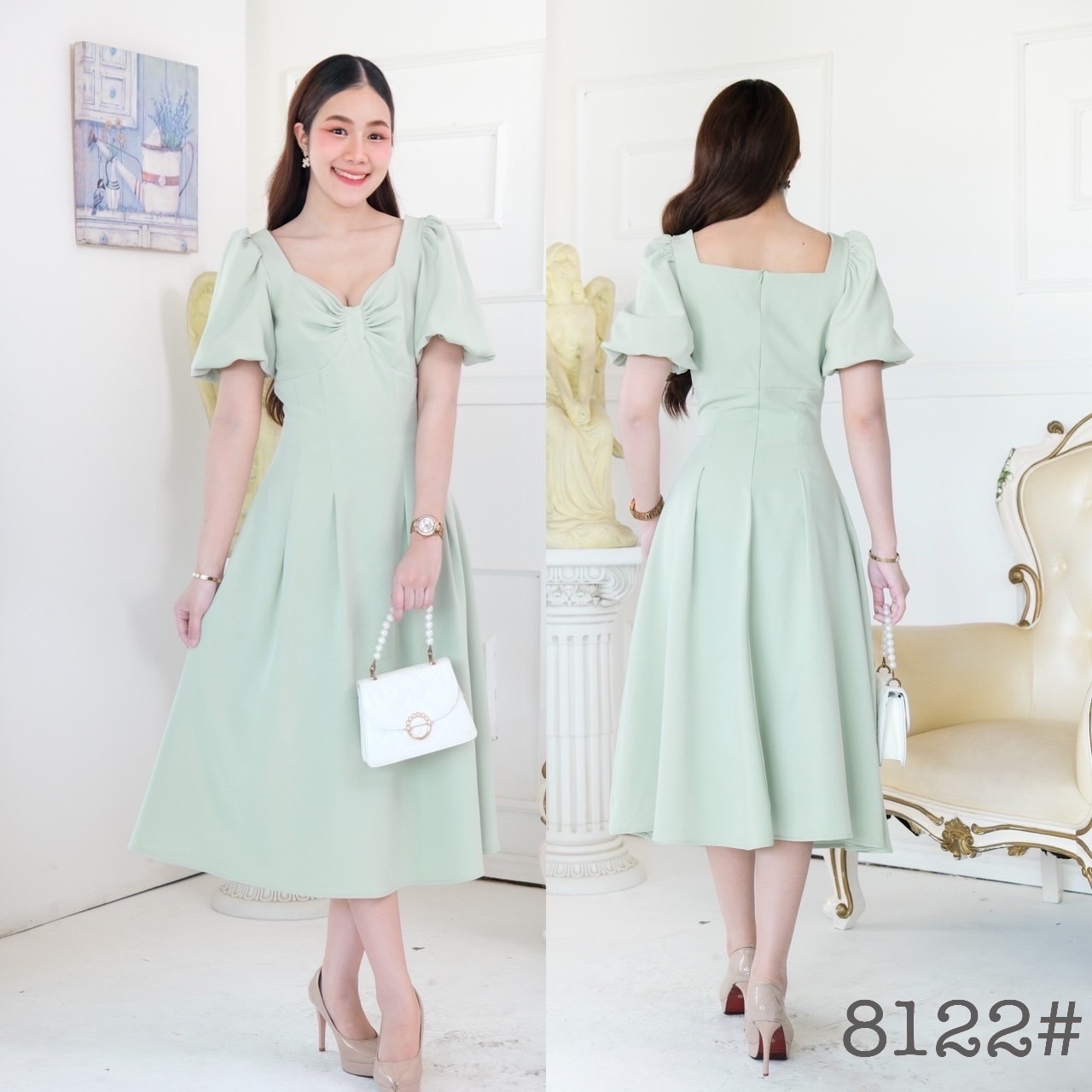 kudapy เดรสสั้นสีขาว,ชมพูเข้ม,ครีมนู๊ด,ฟ้าอมเทา,มิ้น คอเหลี่ยม แขนตุ๊กตา ช่วงอกแต่งโบว์ ตติ้ง เอวสูง ตีเกร็ดเอว กระโปรงบาน เย็บยากแต่ออกมาเน้นเอว