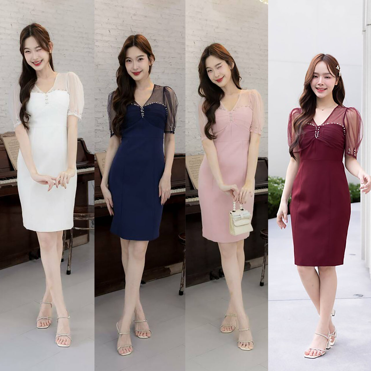 kudapy เดรสสั้นสีแดง/สีชมพู แขนตุ๊กตาขอบเพชร