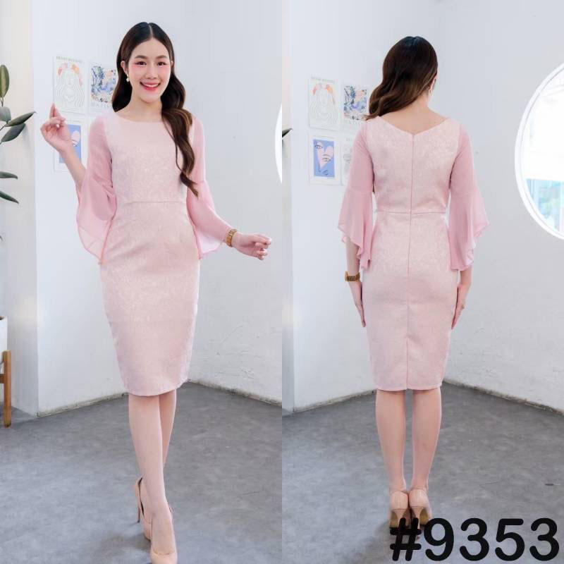 kudapy เดรสสั้นออกงานสีครีม/สีฟ้า/สีชมพู คอกลม แขนชีฟองต่อปลายแขนไล่ระดับ ด้านหลังแต่งคอวี