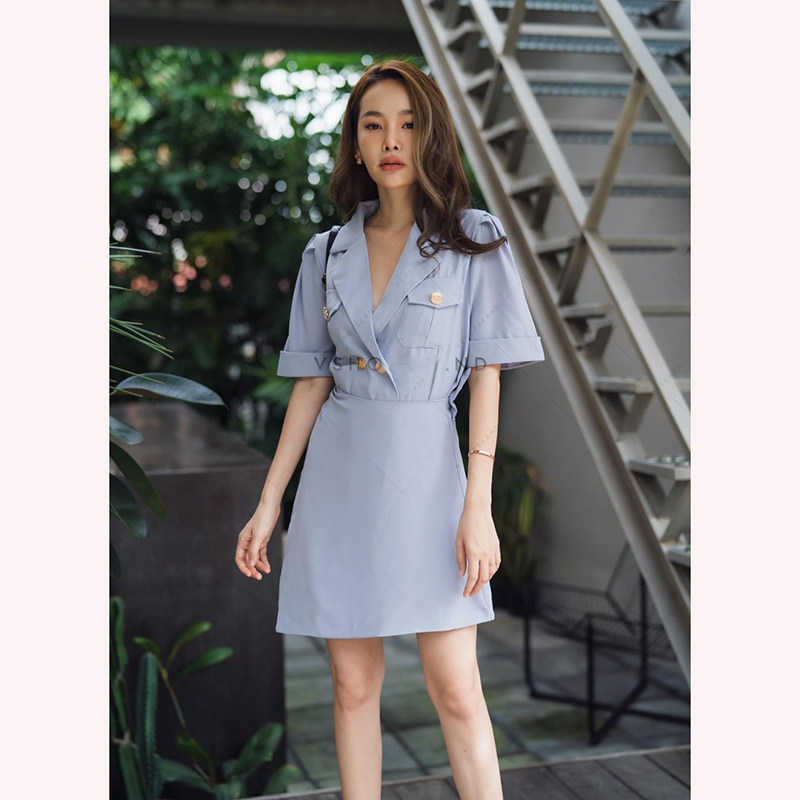 kudapy เดรสสูทกระดุมหน้า ดีไซน์เก๋ด้วยกระโปรงไขว้หน้า เนื้อผ้าทิ้งตัว