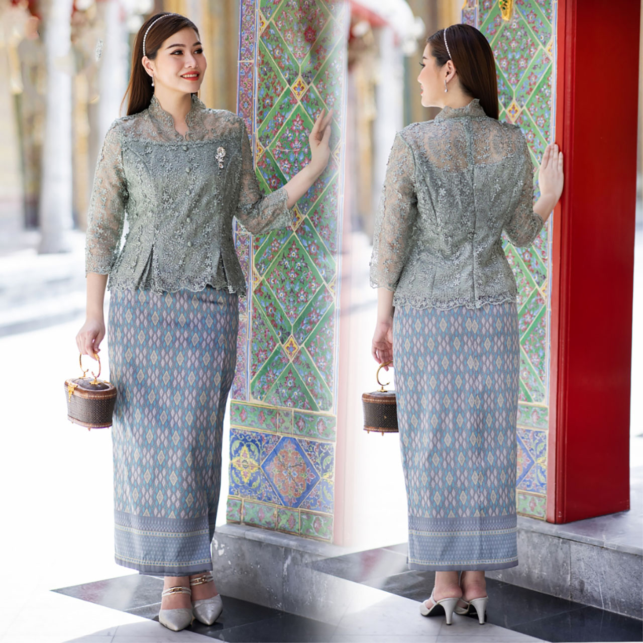 kudapy ชุดเซ็ทเสื้อลูกไม้ เกรดพรีเมี่ยม ชุดออกงาน ไปวัด ทำบุญ - ผ้าถุง ทอเครื่อง มัดหมี่ 3 ตะกอ (เขียวอความารีน)