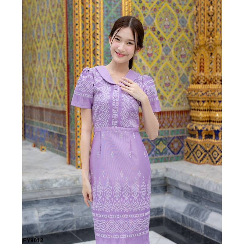 kudapy เดรสสั้นสีม่วง/สีกรม/สีชมพู ผ้าทอแต่งปกติดกระดุมหน้า