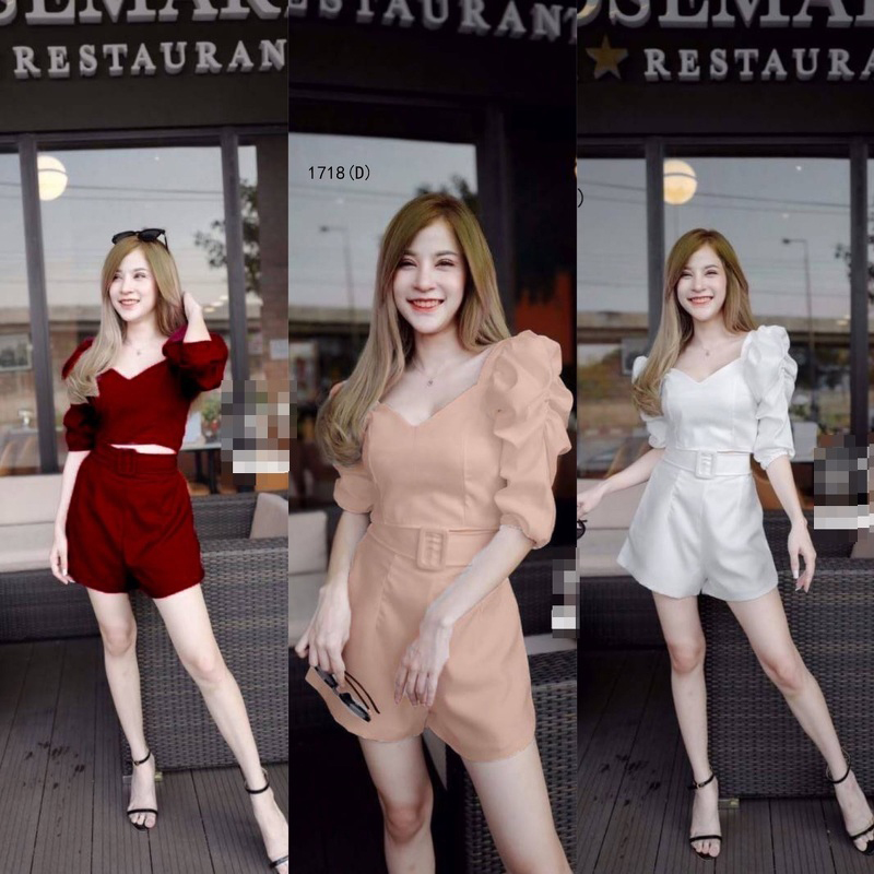 kudapy เซตขาสั้นสีแดง/สีนู้ด/สีขาว 2 ชิ้นเสื้อครอปมีแขน ซิปหลัง+ มาพร้อมกางเกงขาสั้นเอวสม็อกหลัง มีเข็มขัดคาดเอว
