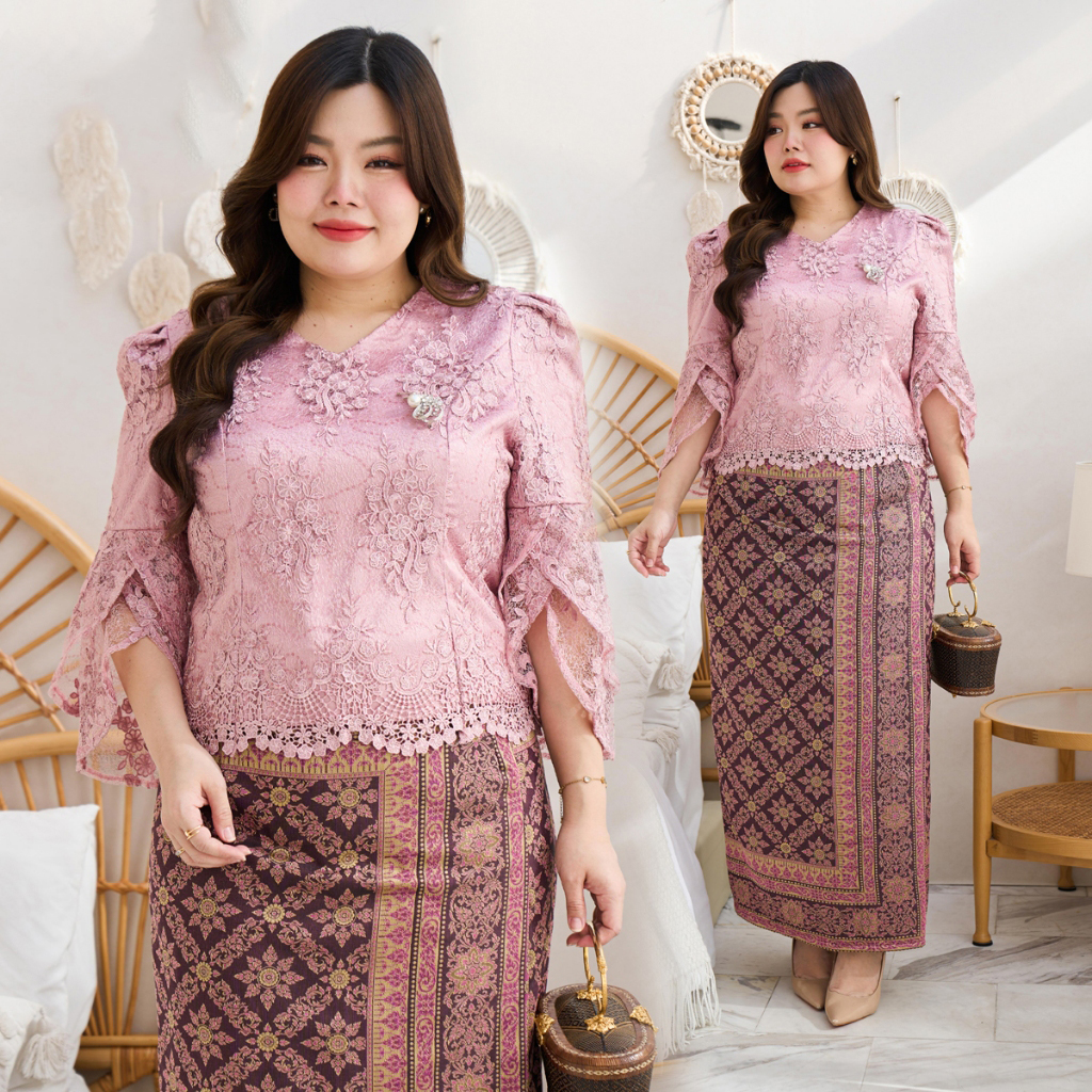 kudapy ชุดเซ็ทออกงาน สีชมพูกะปิ +ผ้าถุงทอลายแพรวากาฬสินธุ์