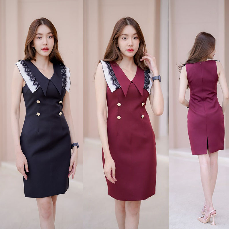kudapy เดรสสั้นสีแดงเข้ม/สีดำ แขนกุดแต่งลูกไม้ผ้าพื้น ใส่สบายสวยดูดี