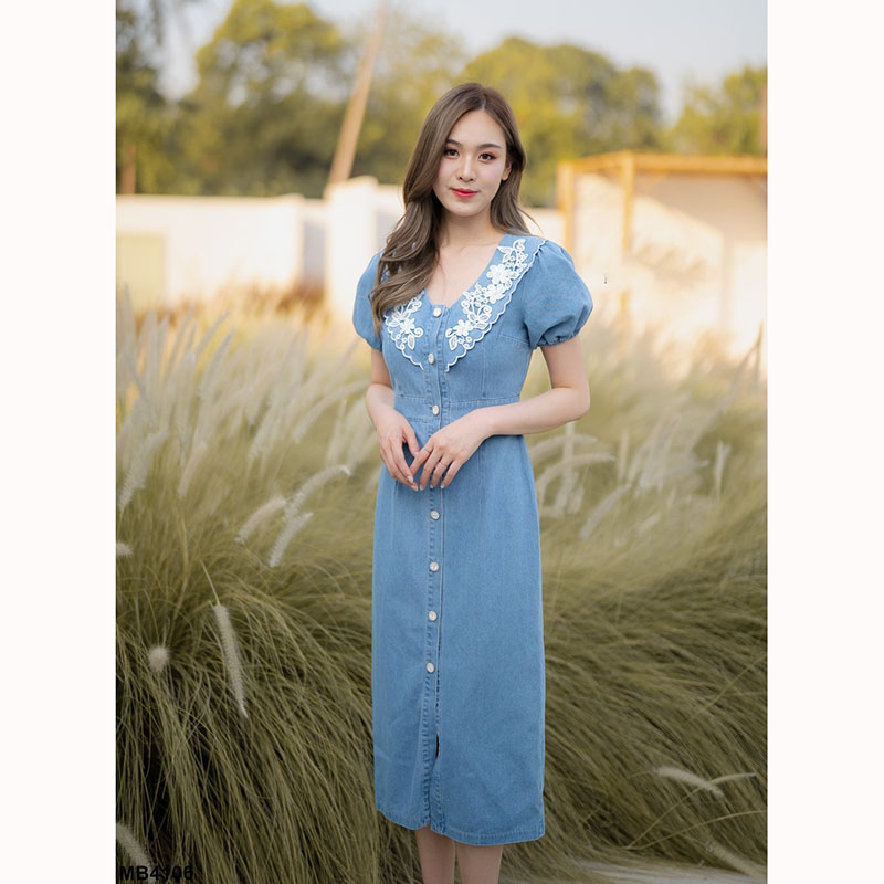 kudapy เดรสยีนส์ยาวสีกรม/สีฟ้า คอปกแต่งลูกไม้ กระดุมหน้า ใส่สบายสวยดูดี