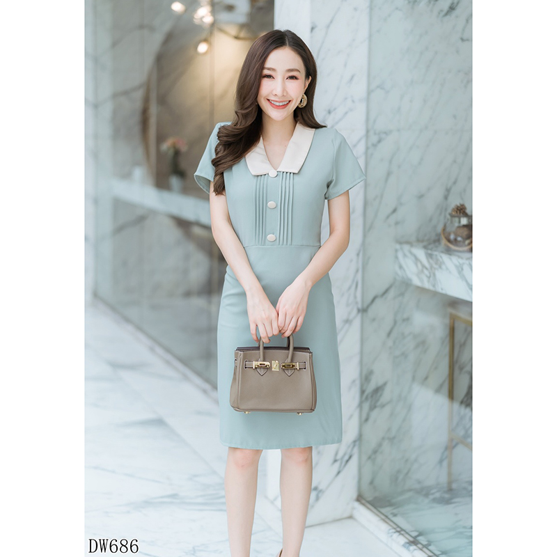kudapy เดรสสั้นสีเขียว คอปกจีบอกเนื้อผ้าดีใส่สบาย