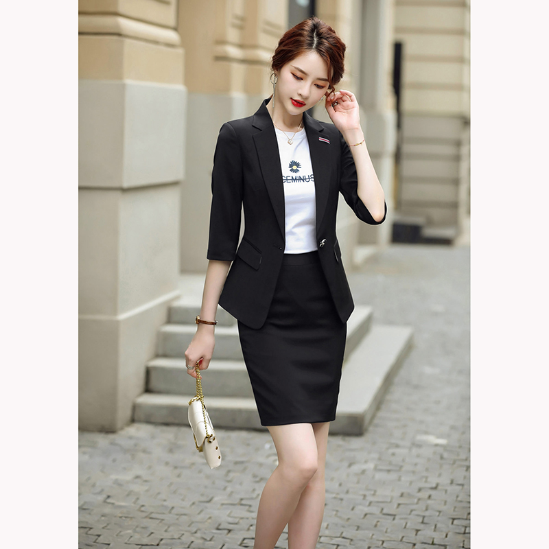 kudapy ชุดสูททำงานผู้หญิงสีดำแขนสามส่วนพร้อมกระโปรง