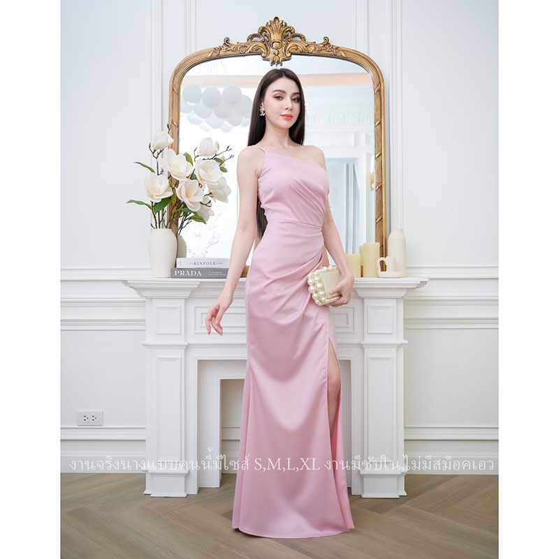 kudapy เดรสยาวสีกรม/สีน้ำตาลอิฐ/สีไวน์แดง/สีชมพูกรีบบัวชุดราตรีพรีเมี่ยมเกรด แต่งไหล่เดียวสายเพชร ใส่ออกงาน หรือยกตีมเพื่อนเจ้าสาว