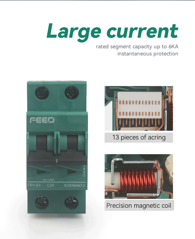 FEEO 2P DC Solar Circuit Breaker 550V 800V สำหรับงานโซล่าเซลล์ 16A 20A 25A 32A 63A FPV-63 DC MCB