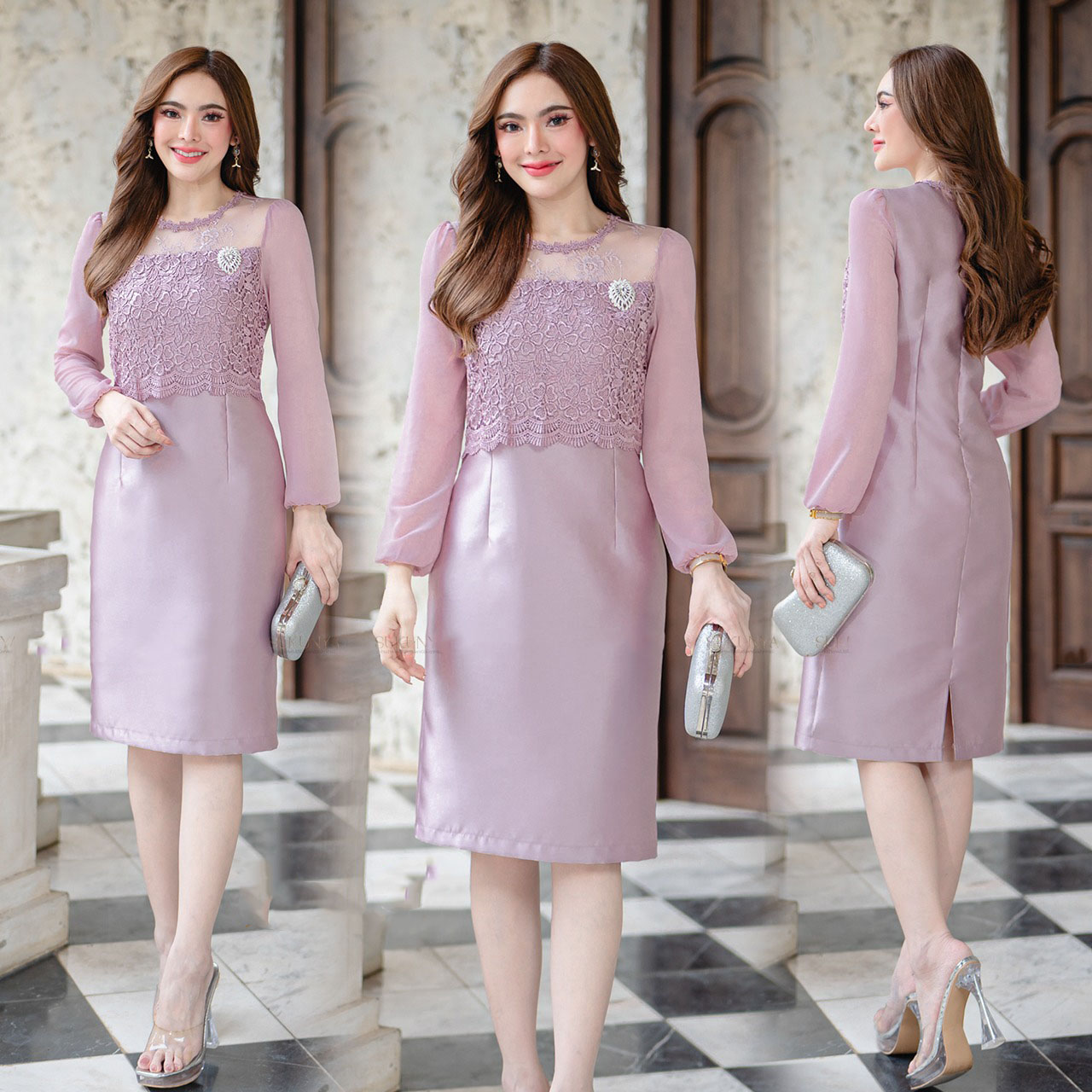 kudapy เดรสสั้น ผ้าไหมอิตาลี งานทอสี่เส้น งานหรูหรา ตัวเสื้อมีชิปหลัง ชับใน ด้านหน้าตกแต่งลูกไม้เวนิส