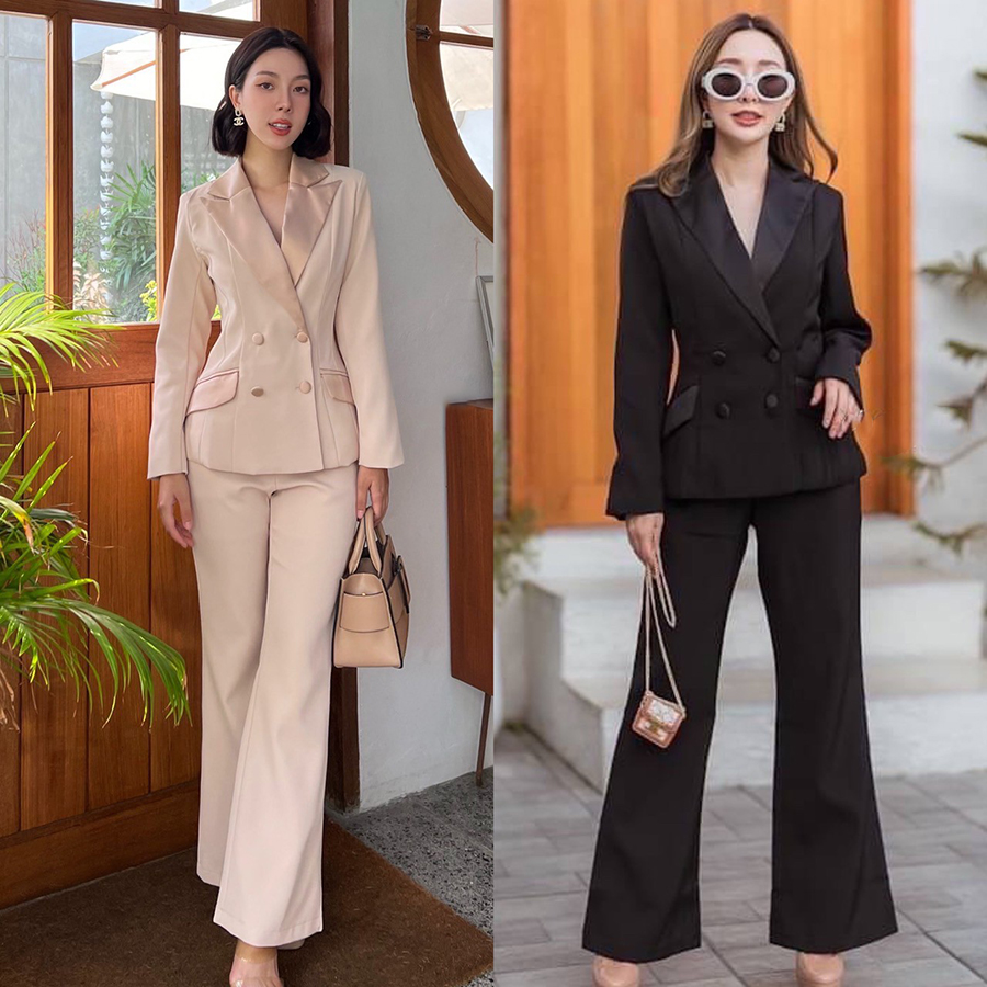 kudapy set suit สีดำ (Black), โรสโกลด์ (Rosegold) เสื้อเบเซอร์และกางเกงขายาว เรียบหรู เสื้อสูทแต่งปกผ้าเงาให้ดูเด่น ออกแบบกระเป๋าให้ใช้งานได้จริง