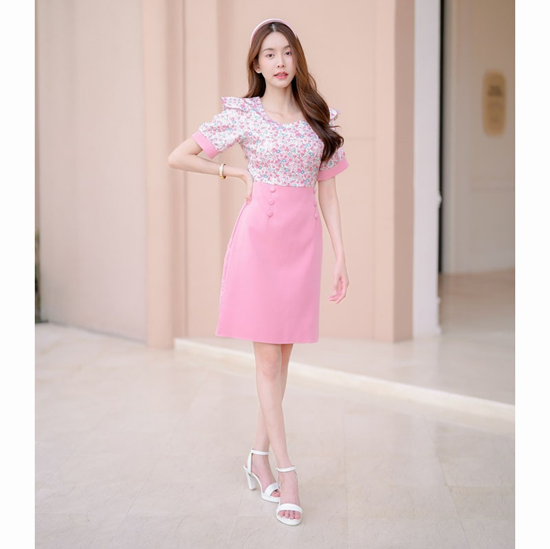 kudapy เดรสสั้นสีม่วง/สีชมพู/สีคราม แขนสั้นลายดอกมีกระดุม