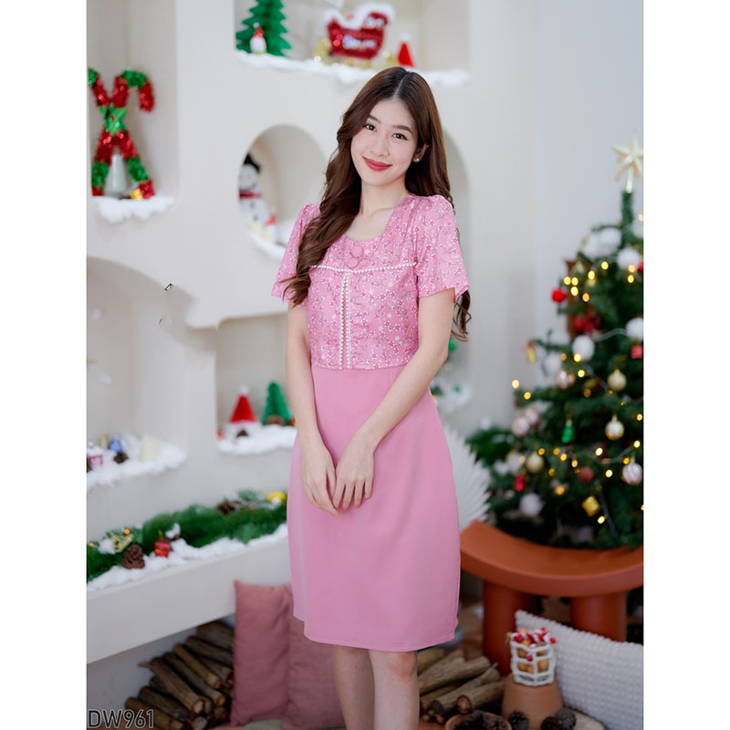 kudapy เดรสสั้นสีชมพู/สีน้ำตาล กั๊กลายดอกแขนสั้น ใส่สวยดูดีน่ารัก