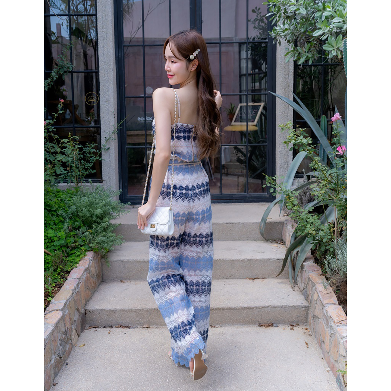 kudapy ชุดเซ็ทสีชมพู/สีฟ้า ผ้าลูกไม้ลายหัวใจ ขายาว แขนกุด ใส่สวยดูดี