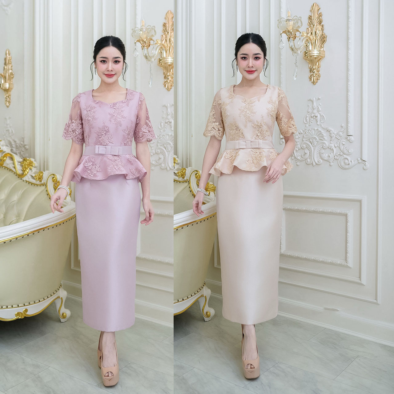 kudapy เดรสยาว ผ้าไหมทั้งชุด ด้านบนเป็นงานแต่งด้วยลูกไม้คอร์ด เดรสทรงสวยเป็นงานเอวระบายรอบตัวหน้าสั้นหลังยาว