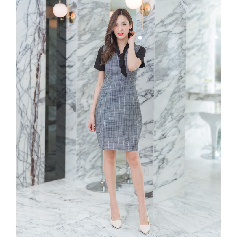 kudapy เดรสสั้นสีดำ/สีน้ำตาล/สีกรม ลายสก๊อตแขนตุ๊กตา