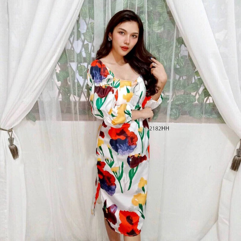 kudapy เดรสยาวสีขาว/สีแดง/สีกรม ผ้าพิมพ์ลายดอกไม้ ผ้าญี่ปุ่นเนื้อผ้าหนากำลังดีใส่เย็นสบาย ลื่นๆ