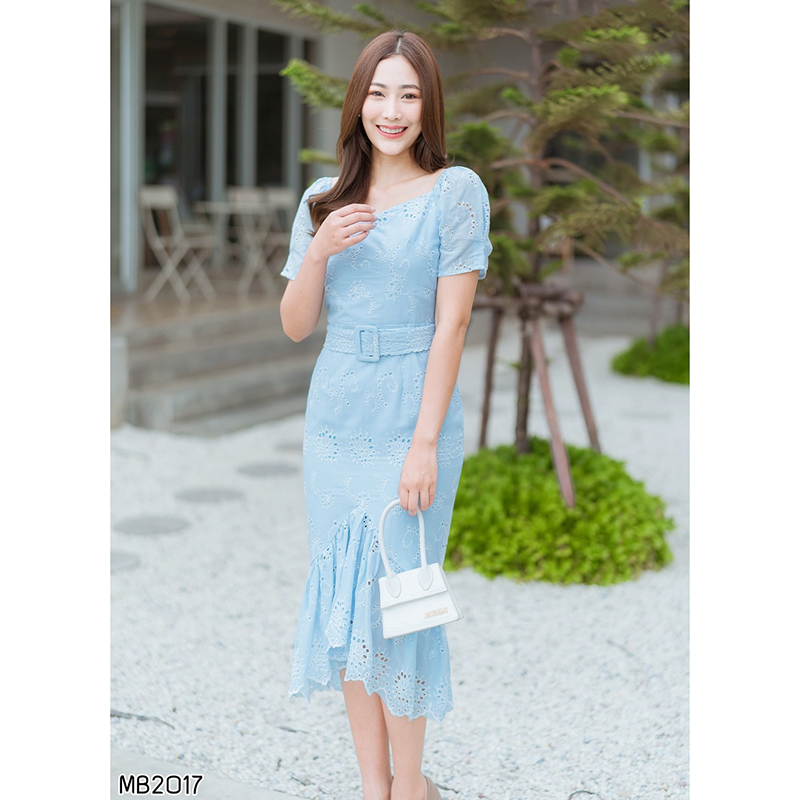 kudapy เดรสสั้นฟ้า/ชมพู คอเหลี่ยมกระโปรงชีฟองใส่สวยดูดี