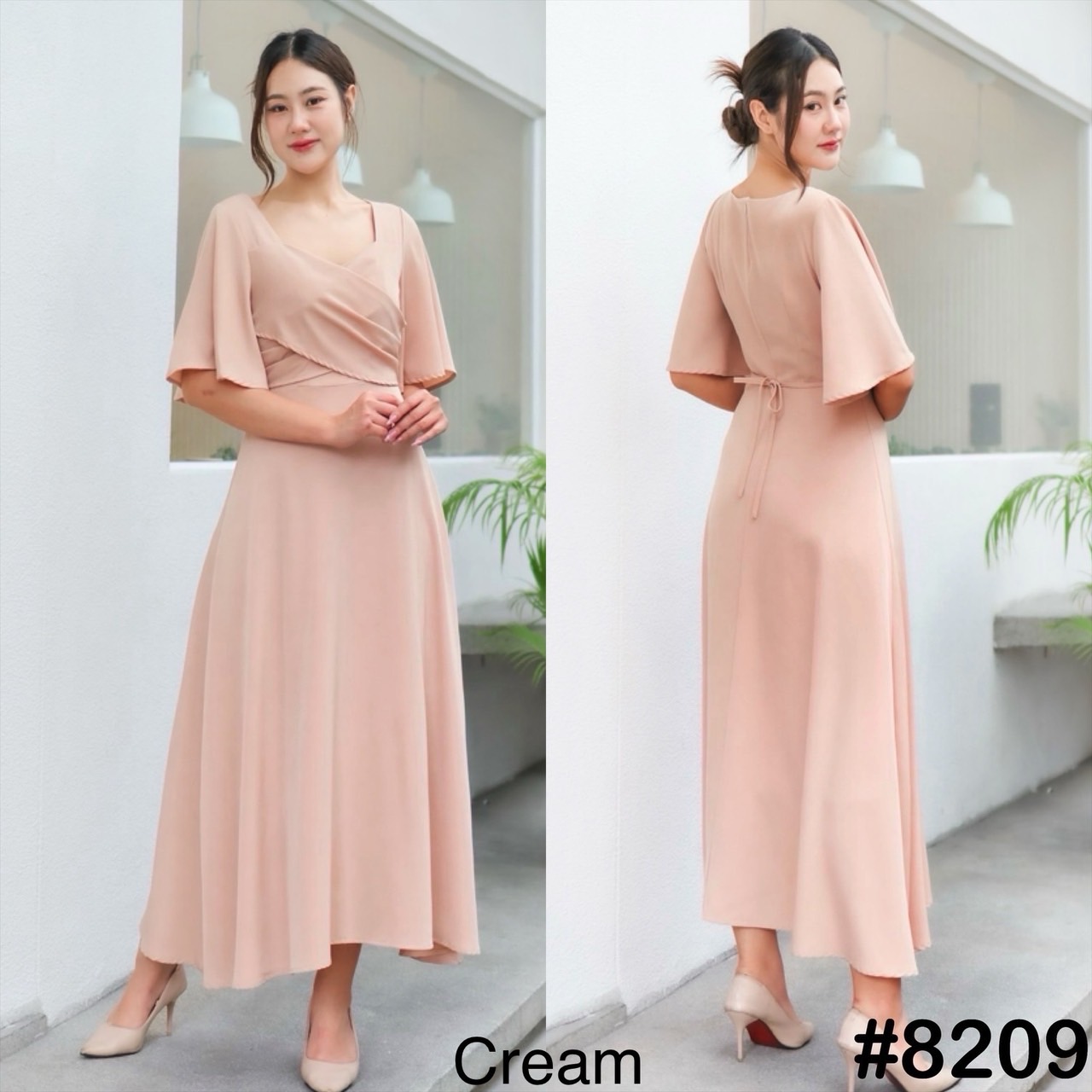 kudapy เดรสคอเหลี่ยม แขนกระดิ่ง ดีเทลป้ายอก เชือกผูกเก็บช่วงเอว กระโปรงฟรีสะโพก ลุคนั่งสะดวก