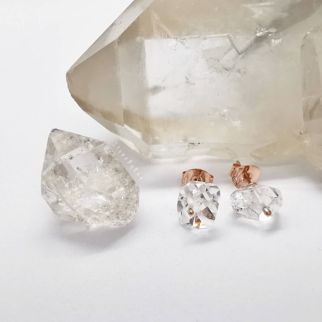 ต่างหูเงินชุบพิ้งโกลด์หินเฮอร์คิเมอร์ไดม่อน Herkimer Diamond